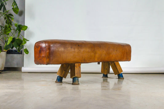 Vintage 1930s Leather Gym Bench with handels – Restored Pommel Horse from Czechoslovakia