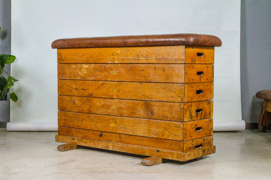 1930s - Vintage Vaulting box with Leather Top - Gym Bench – from Czechoslovakia