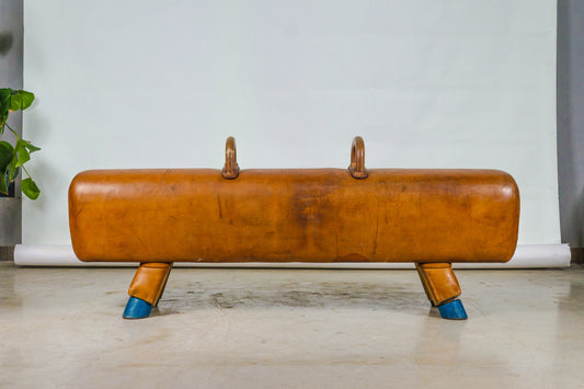 Vintage 1930s Leather Gym Bench with handels – Restored Pommel Horse from Czechoslovakia
