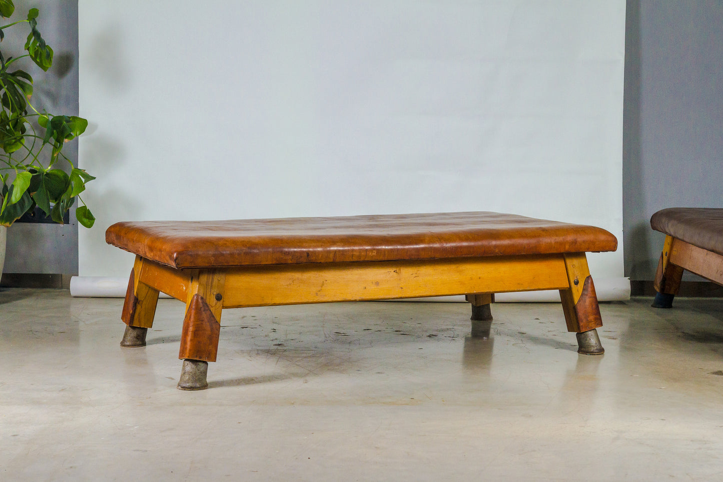 Vintage leather gymnastics large bench table from 1930’