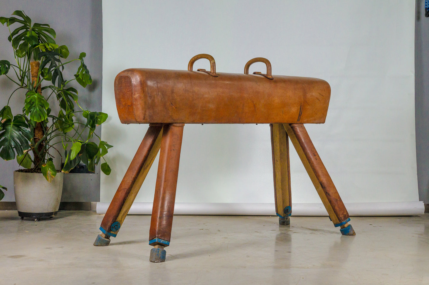 Vintage 1930s Leather Gym Bench with handels – Restored Pommel Horse from Czechoslovakia