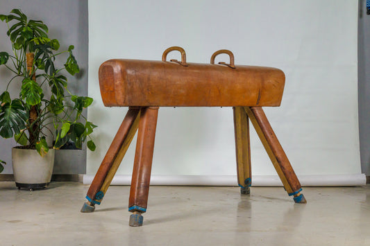 Vintage 1930s Leather Gym Bench with handels – Restored Pommel Horse from Czechoslovakia