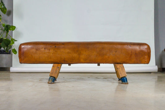 Vintage 1930s Leather Gym Bench with handels – Restored Pommel Horse from Czechoslovakia