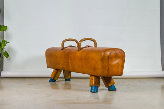 Vintage 1930s Leather Gym Bench with handels – Restored Pommel Horse from Czechoslovakia